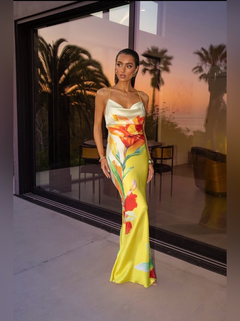 NWT Yellow Satin Floral Print Maxi Dress